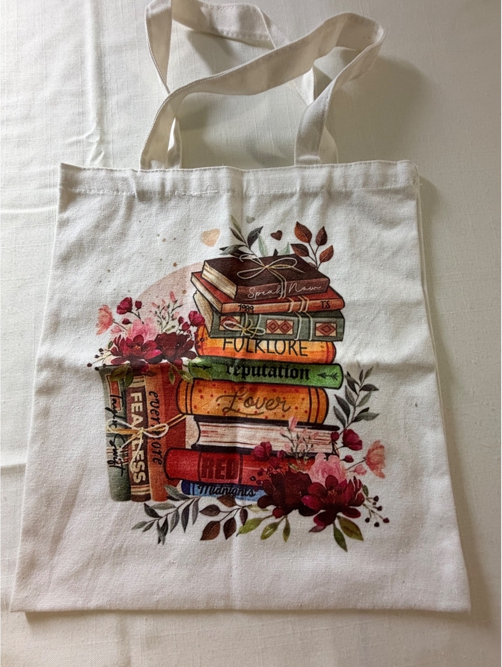 Cotton Tote Bag with Colorful Book Stack and Floral Print, 14x16 inches